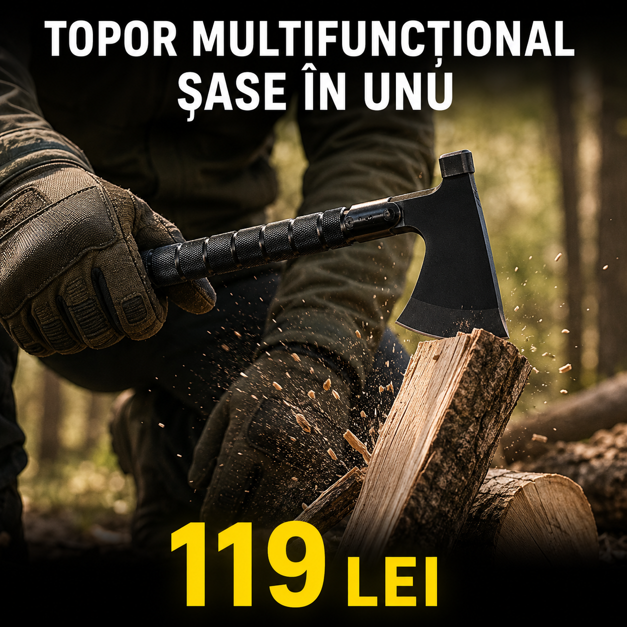 Unealtă  Multifunctional 6 in 1 cu Cutit, Amnar, Busola si Fluier, 43,4 cm, Otel 420,Negru