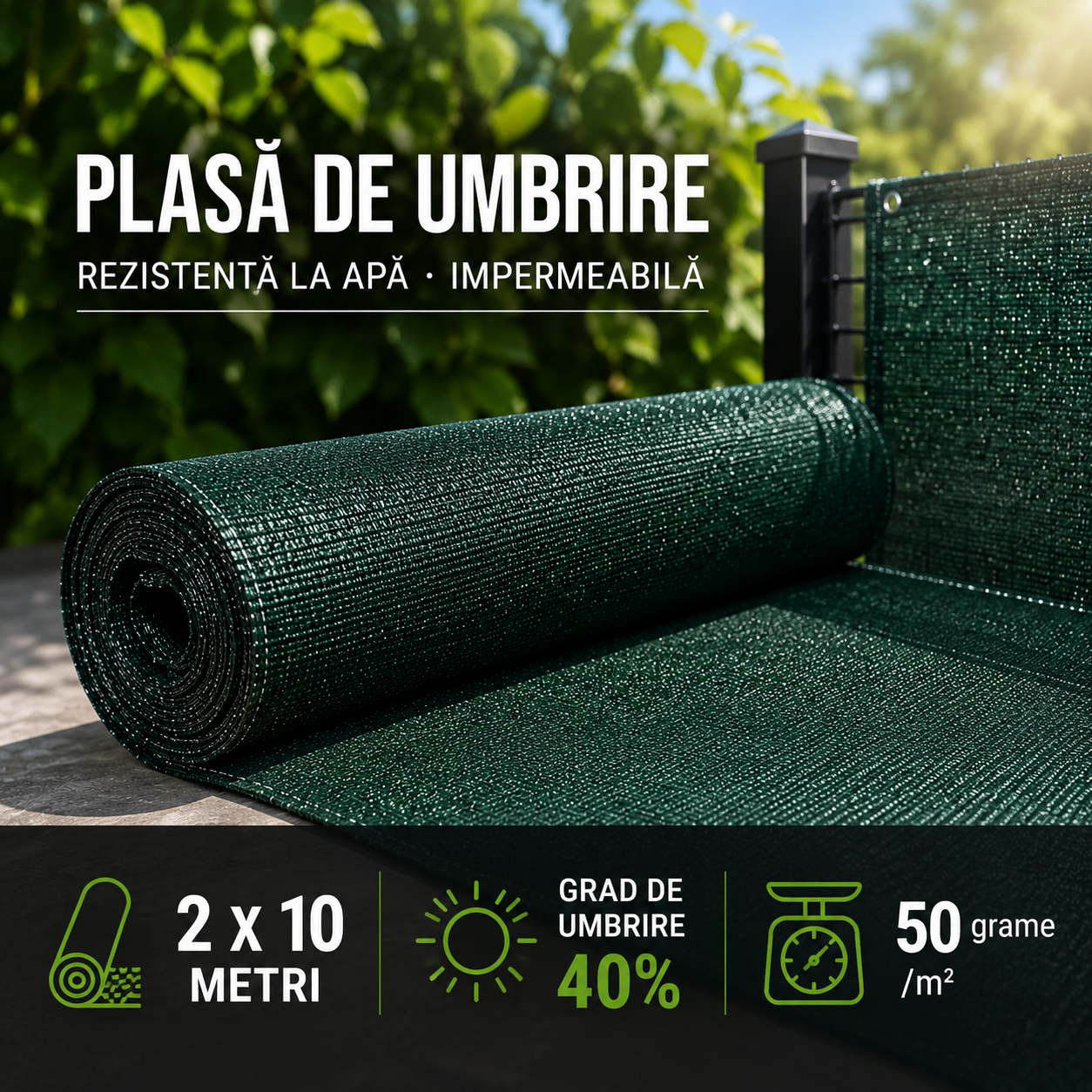 Plasă de umbrire HDPE, 2x10 metri, grad umbrire 40%,50g/mp,verde