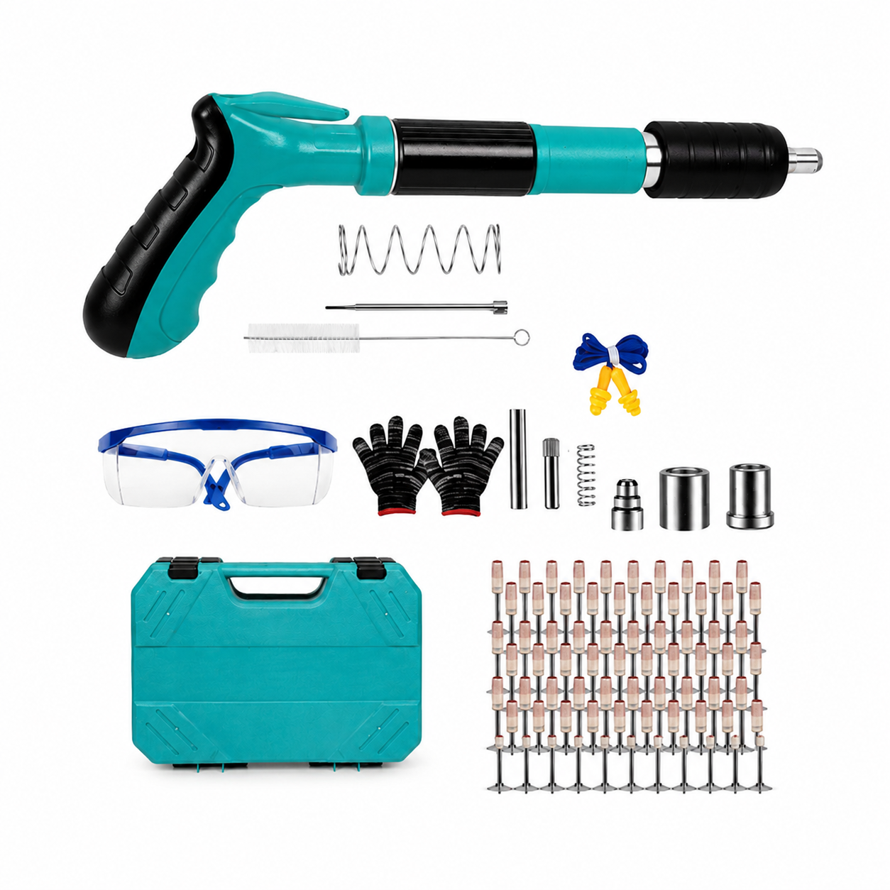 Pistol de cuie manual,5 trepte ajustabile,33.5x11cm,set cu 50 cuie,cutie de unelte albastră