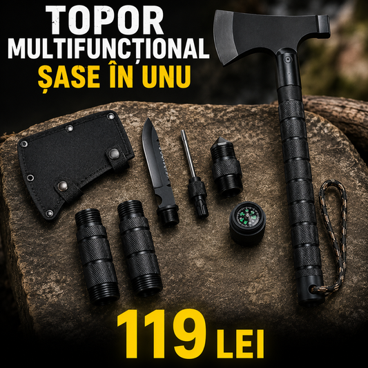 Unealtă  Multifunctional 6 in 1 cu Cutit, Amnar, Busola si Fluier, 43,4 cm, Otel 420,Negru