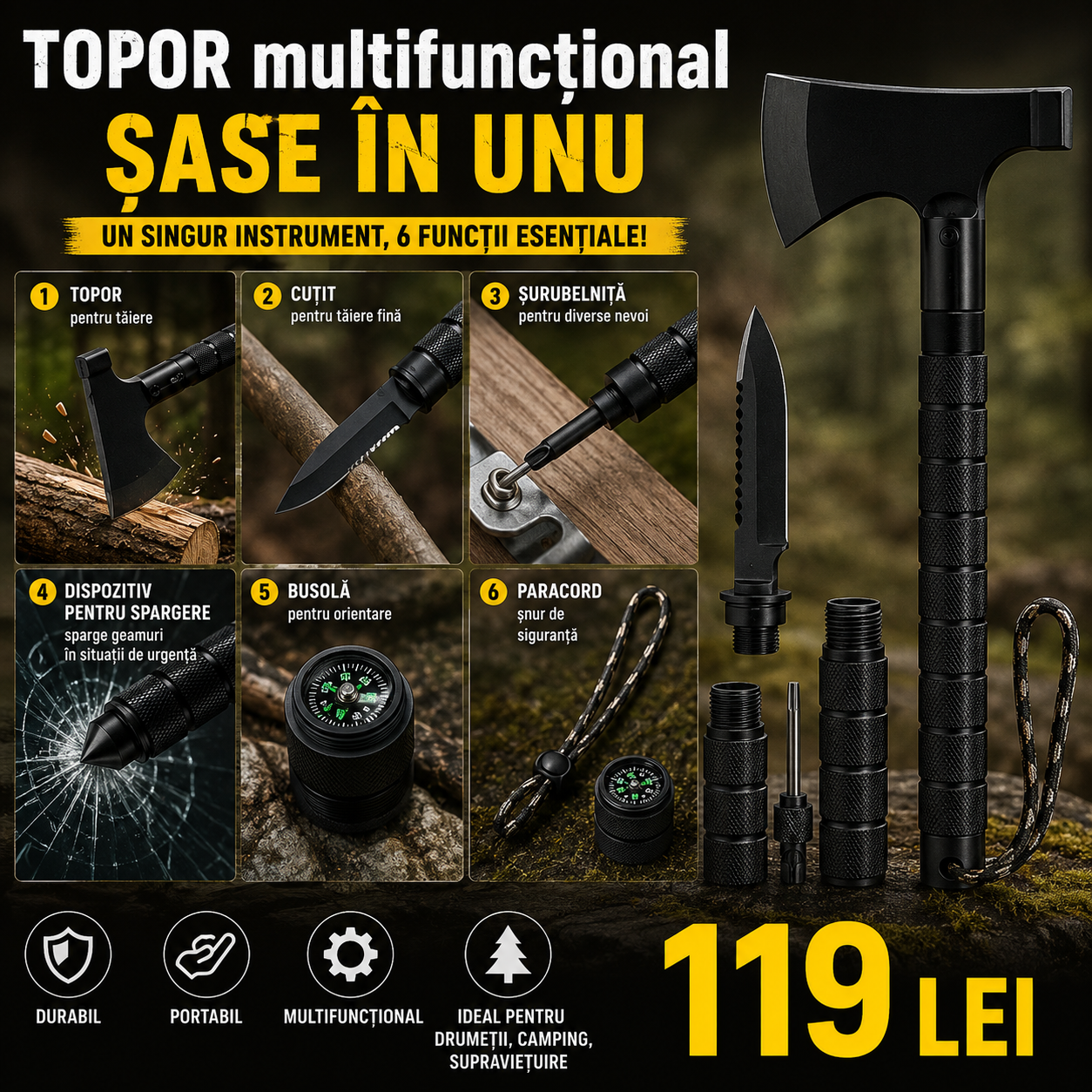 Unealtă  Multifunctional 6 in 1 cu Cutit, Amnar, Busola si Fluier, 43,4 cm, Otel 420,Negru