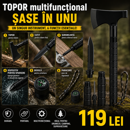 Unealtă  Multifunctional 6 in 1 cu Cutit, Amnar, Busola si Fluier, 43,4 cm, Otel 420,Negru